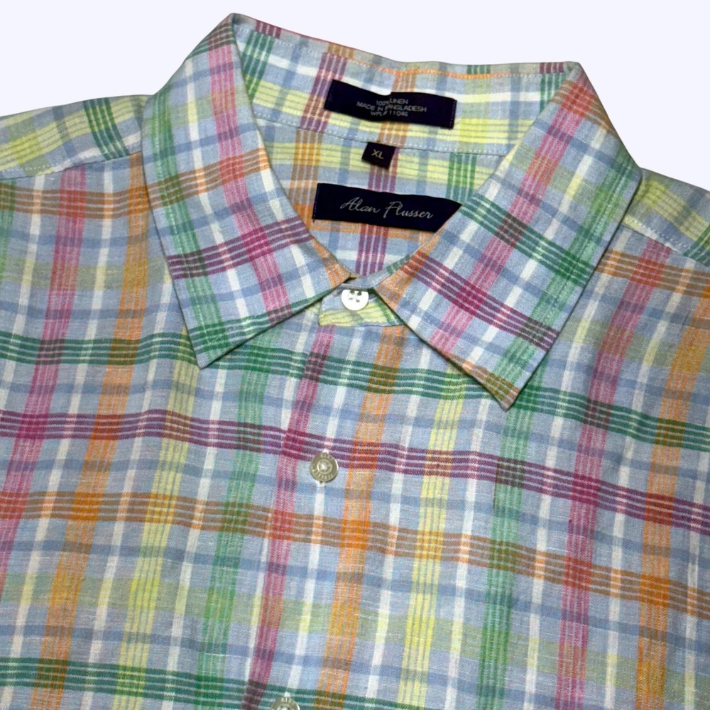 Alan Flusser Linen Button Up Shirt Mens XL Multicolor Plaid Short Sleeve Coastal